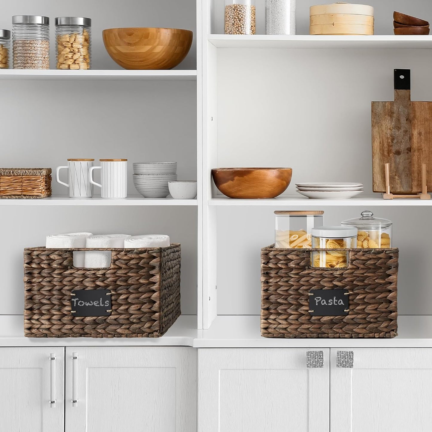 Casafield Set of 2 Water Hyacinth Pantry Baskets, 12-1/2" x 17" x 8", with Chalkboard Labels and Chalk Marker - Espresso, Woven Storage Bin Organizers for Kitchen Shelves