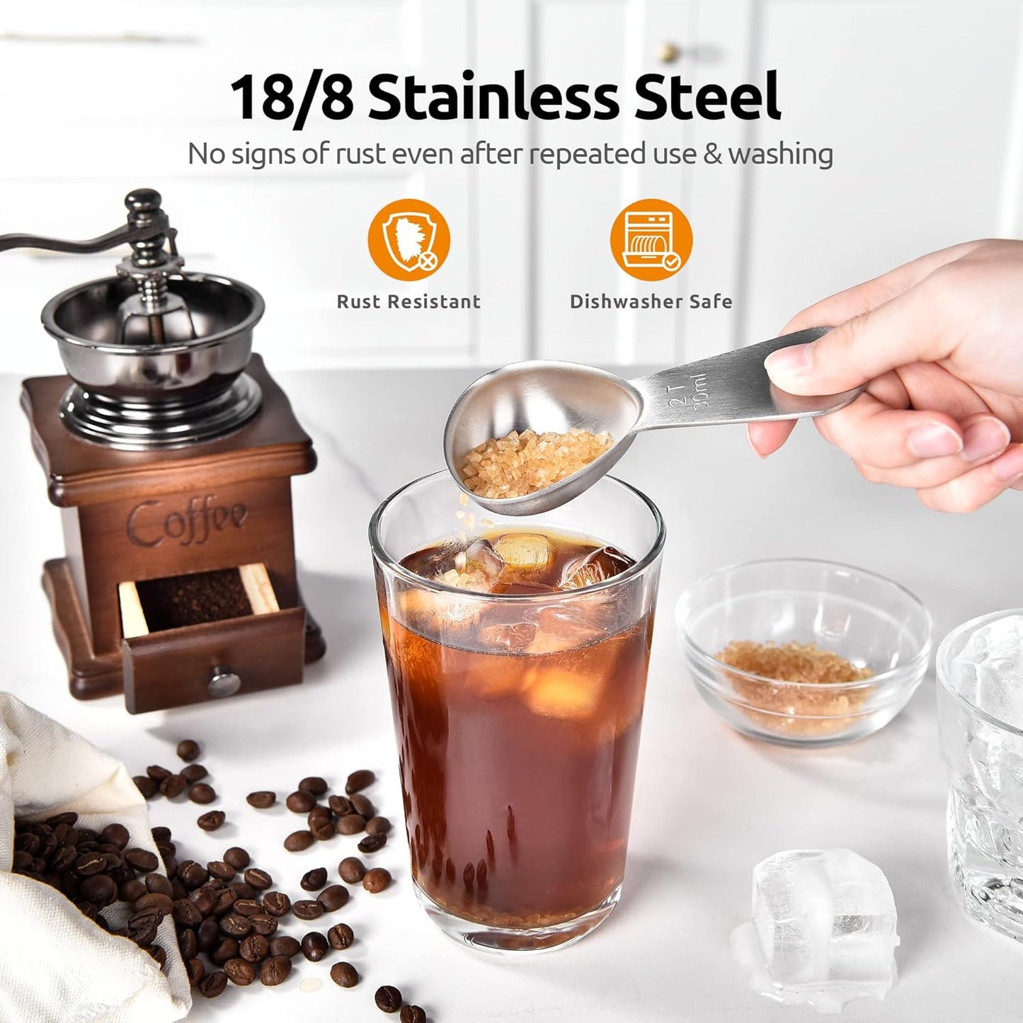 18/8 Stainless Steel Coffee Scoop: U-Taste 2 Tablespoon Metal Measuring Spoon Set of 2, Short Handled Measure Scooper for Ground Coffee, Bean, Espresso, Powder, for Canister (Silver, 2Tbsp/30ml)