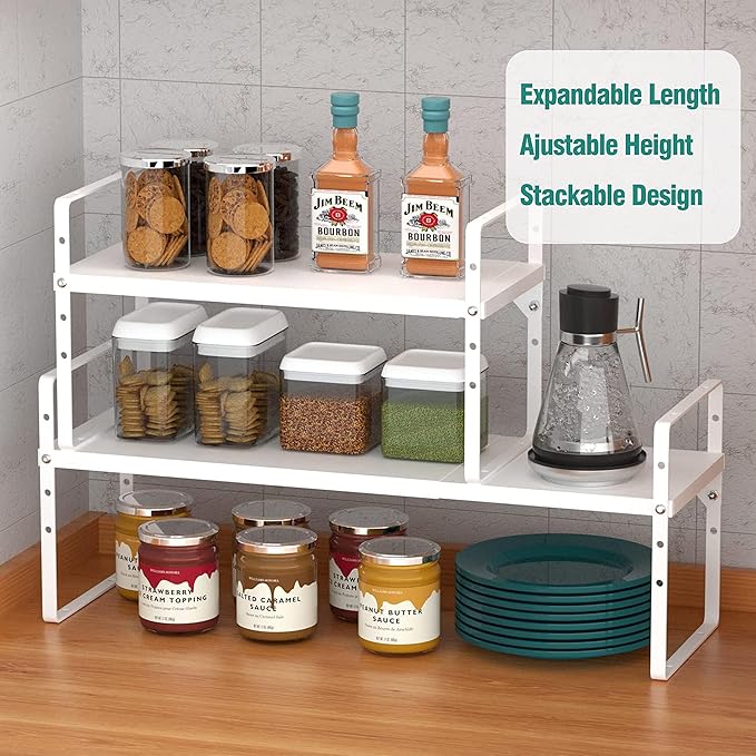 Expandable Cabinet Shelf Organizer Rack, Stackable Kitchen Counter Storage Shelves Stand, Adjustable Height Pantry Shelf Spice Rack, Heavy Duty Nonslip White Small 2Pack