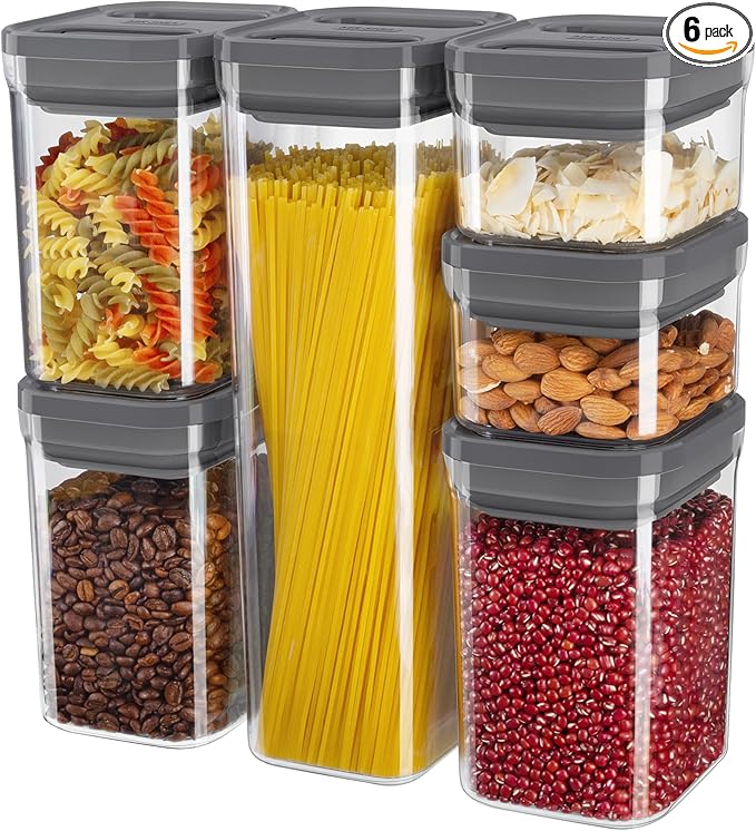 MR.SIGA 6 Piece Airtight Food Storage Container Set, BPA Free Kitchen Pantry Organization Canisters, One-handed Kitchen Storage Containers for Cereal, Spaghetti, Pasta, Gray