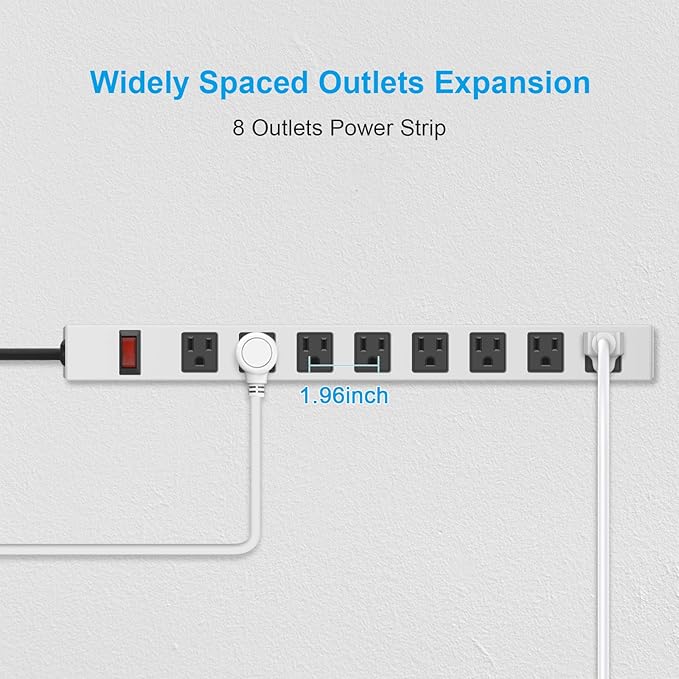 JUNNUJ Metal 8 Outlet Power Strip, Mountable Heavy Duty Power Strip, 1200J Surge Protector Wall Mount Screws Outlet with Switch, Gaming Desk Strips Wide Spaced 15A 125V 1875W, 15 FT 14AWG Power Cord