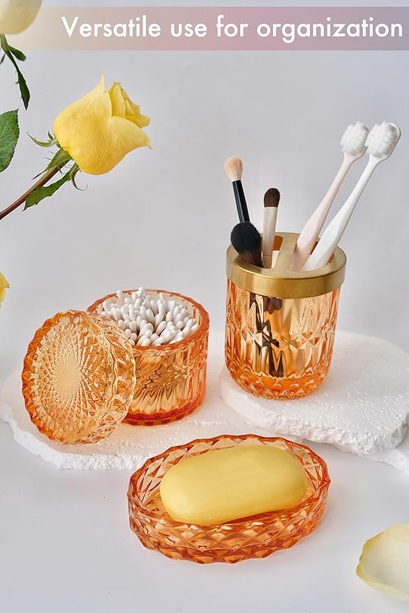 Orange Bathroom Accessories Set, 5Pcs Clear Glass Bathroom Set, Lotion Soap Dispenser, Soap Dish, Tumbler, Toothbrush Holder Set, Qtips Holder for Crystal Vintage Bathroom Countertop