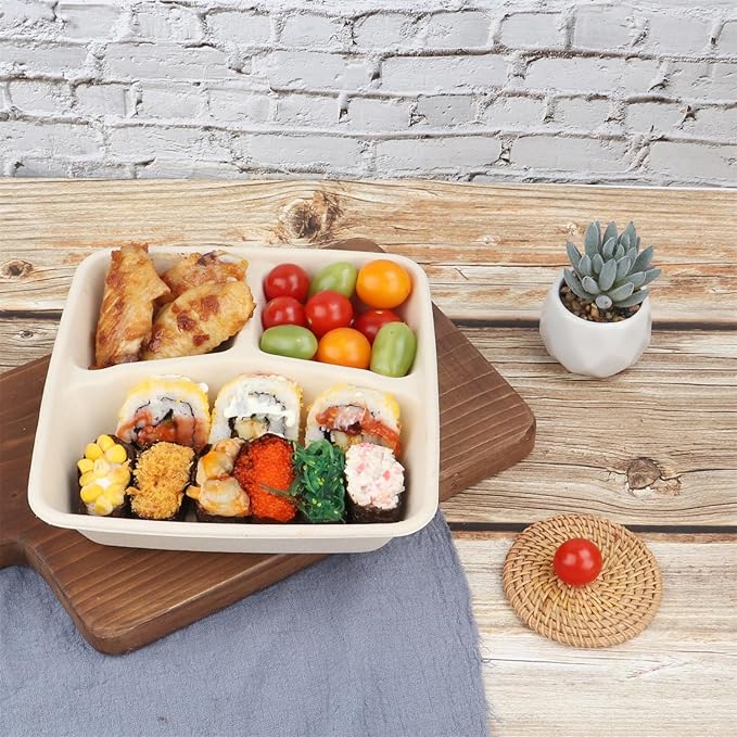 34 oz 3 compartments Square Disposable bowls with lids,Sugarcane Fibers Bowls take away food containers Plant Fibers Freezer Safe 25 Pack