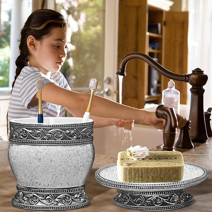 6 Pieces Bathroom Accessories Set Including Trash Can, Cup, Toothbrush Holders, Soap Dishes, Soap Dispenser and Toilet Brush, Home Decoration, Retro Style, Grey