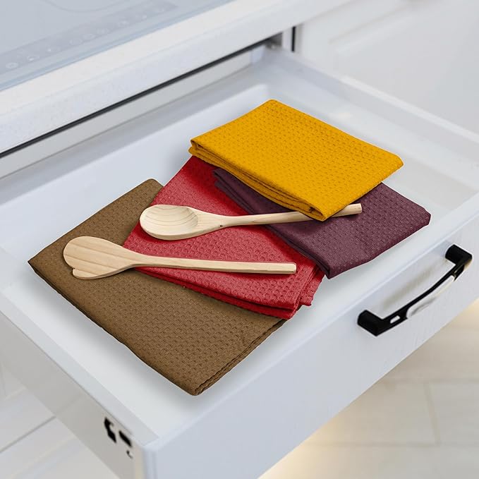 Multicolor Waffle Kitchen Towels, 16"x26", Soft, Absorbent, Durable, Quick Drying, Reusable, 100% Cotton, Ideal for Kitchen Cleaning, Drying Dishes, Set of 4, Brown, Maroon, Red, Yellow