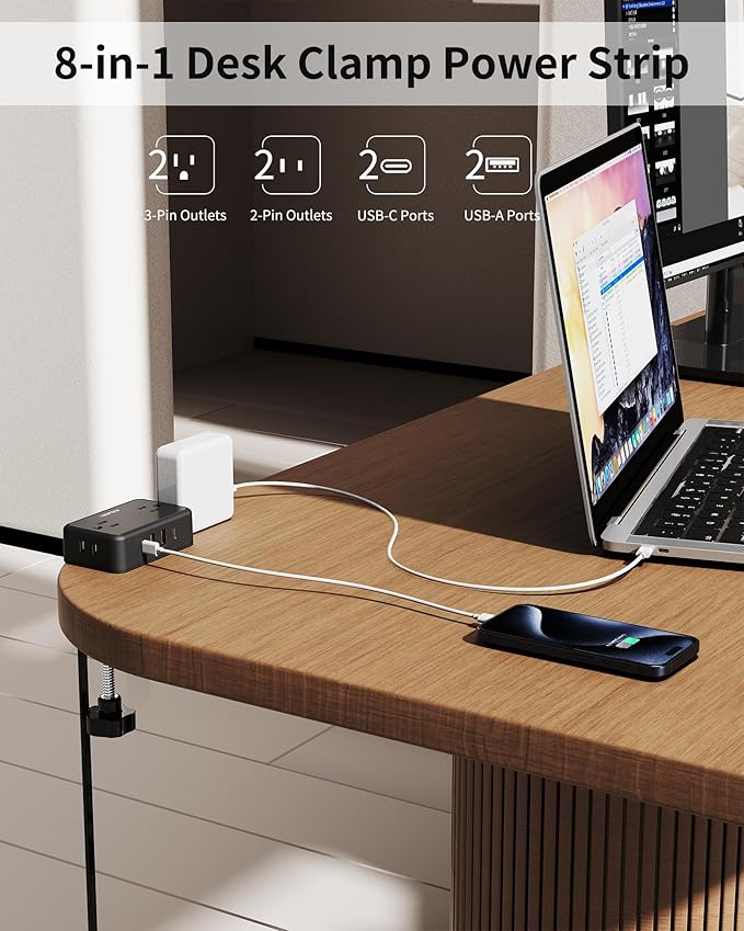 Desk Clamp Power Strip, Desktop Mount Charging Station with 4 Outlets 4 USB Ports (2 USB C), 10Ft Under Desk Power Strip, Fits 2.75" Tabletop Edge, Extension Cord for Home Office, Black