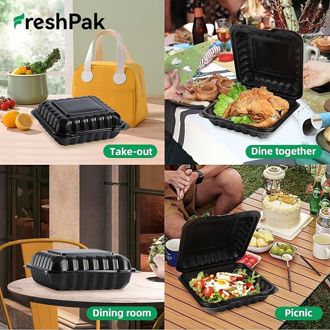 FRESHPAK Takeout Containers Mineral Filled PP - 55 Pack 8x8 34 oz Shrink Wrap BPA Free Plastic | Stackable Meal Prep Clamshell Food Container | Reusable Microwave Safe Leftovers | Catering Lunch Box