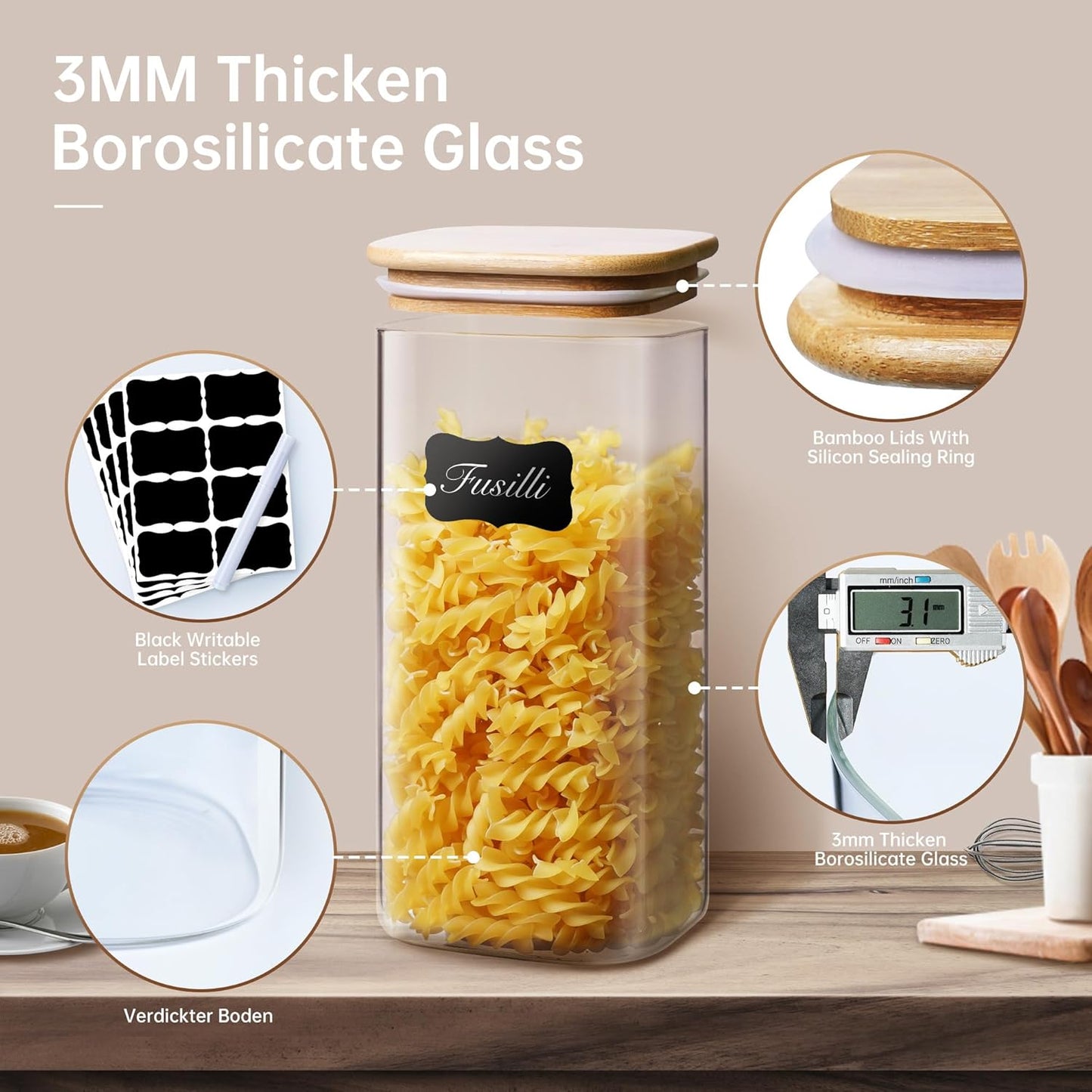 Extra Large Square Glass Flour & Sugar Storage Containers with Airtight Lids, 168 floz & 84 floz - 2 Pack Glass Jars with Bamboo Lids, Air tight Food Storage Containers for Cereal, Pasta, Rice
