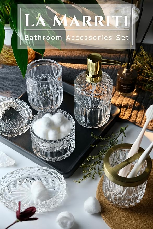 Glass Bathroom Accessories Set, 5pcs Crystal Clear Bathroom Accessories, Toothbrush Holder Set, Lotion Dispenser, Soap Dish, Tumbler, Qtips Holder, Vintage Bathroom Decor