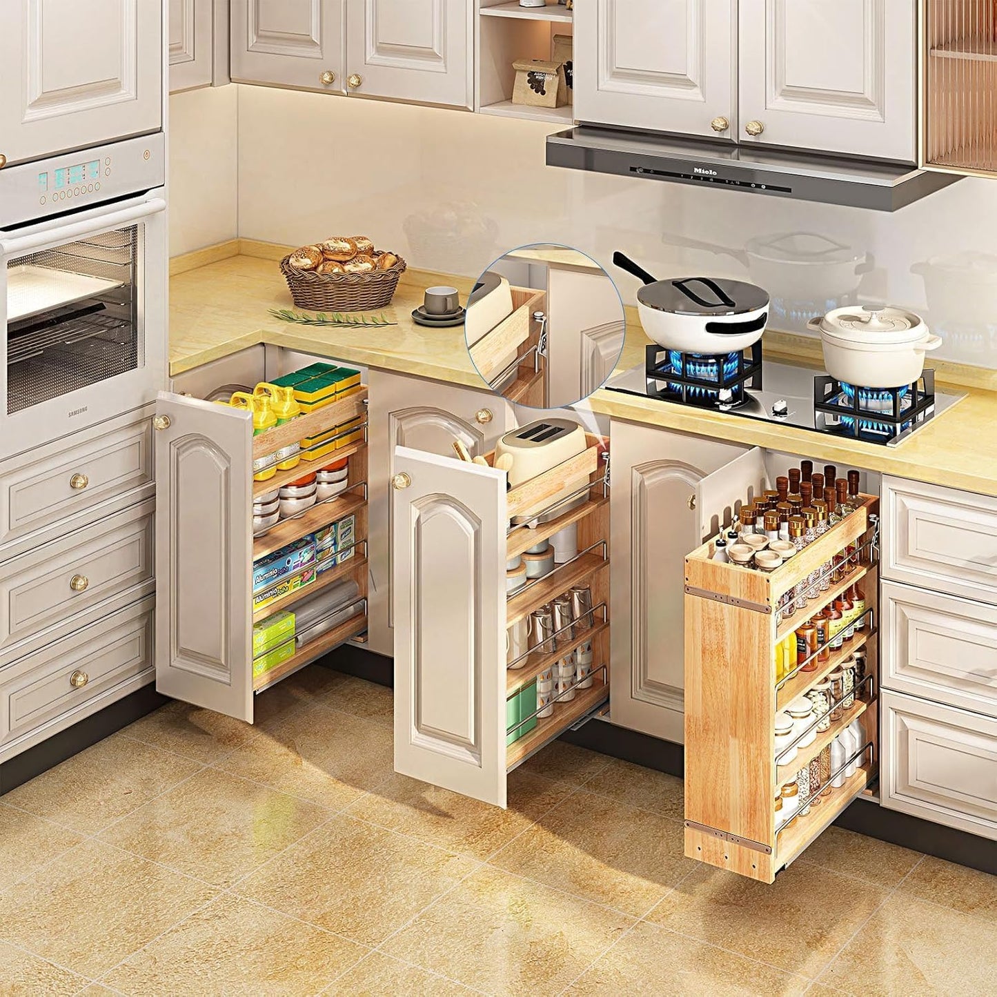 DINDON Pull Out Spice Rack Organizer for Cabinet, (6.5" W x 21.9" D x 25.2" H) Multi-Use Wood Pull Out Cabinet Organizer Slide Out Shelf Cabinet Storage for Kitchen, Pantry Organization