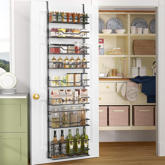 Moforoco 8-Tier Over The Door Pantry Organizer, Pantry Organization and Storage, Black Hanging Basket Wall Spice Rack Seasoning Shelves, Home & Kitchen Laundry Room Bathroom Essentials accessories
