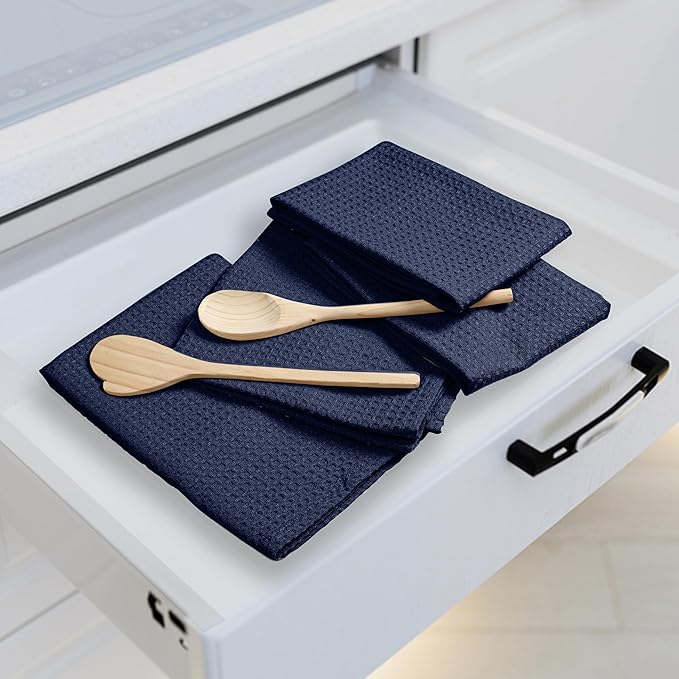 Navy Waffle Kitchen Towels, 16"x26", Soft, Absorbent, Durable, Quick Drying, 100% Cotton, Reusable, Machine Washable, Ideal for Cleaning, Multipurpose Dish Towels, Set of 4