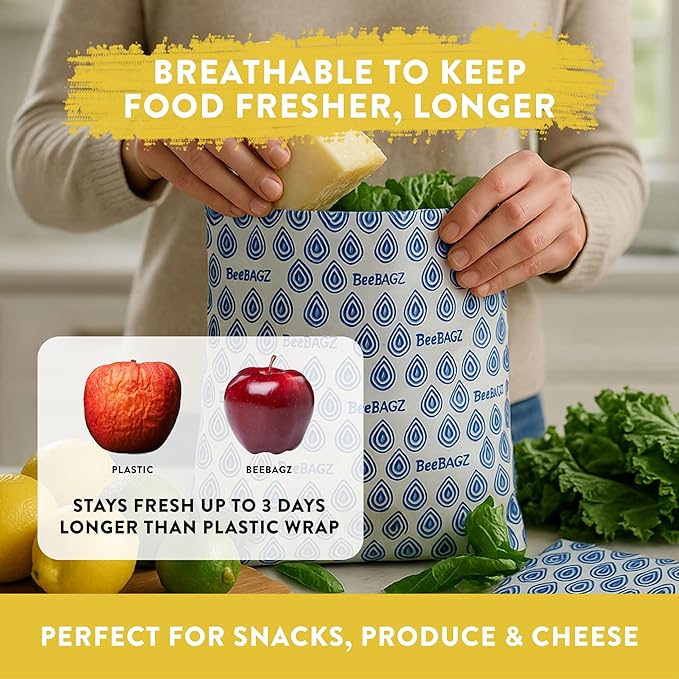Beeswax Wrap Storage Bag, Reusable Food Storage Bags, Pack of 6, Plastic Free Biodegradable Food Wrap Alternative, Family Pack, 3 Small + 2 Medium + 1 Large, (Blue)