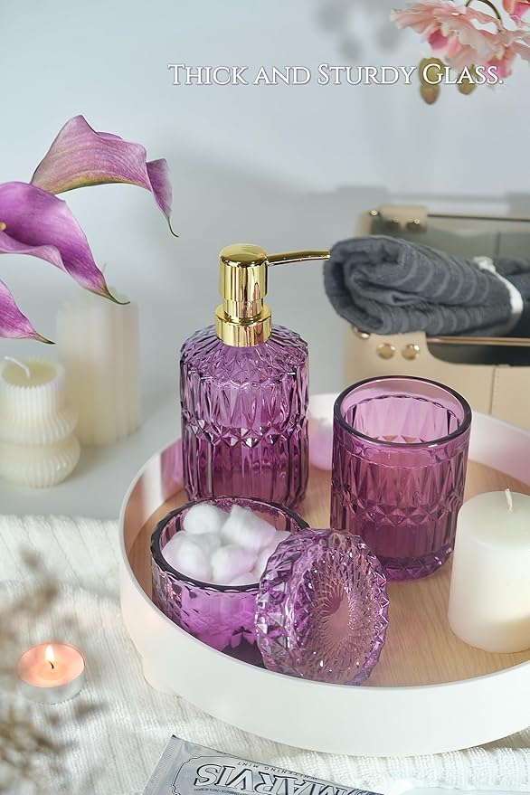 Purple Bathroom Accessories Set, 5Pcs Clear Glass Bathroom Accessories, Crystal Lotion Soap Dispenser, Toothbrush Holder Set, Soap Dish, Qtip Holder, Tumbler for Modern Bathroom Decor