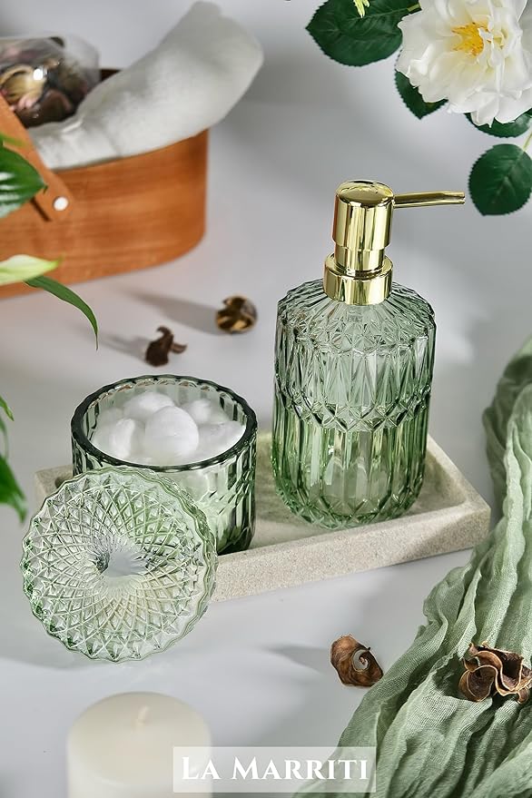 4pcs Green Bathroom Accessories Set, Crystal Glass Bathroom Accessories, Lotion Soap Dispenser, Toothbrush Holder, Soap Dish, Qtips Holder Set for Vintage Bathroom Countertop Decor