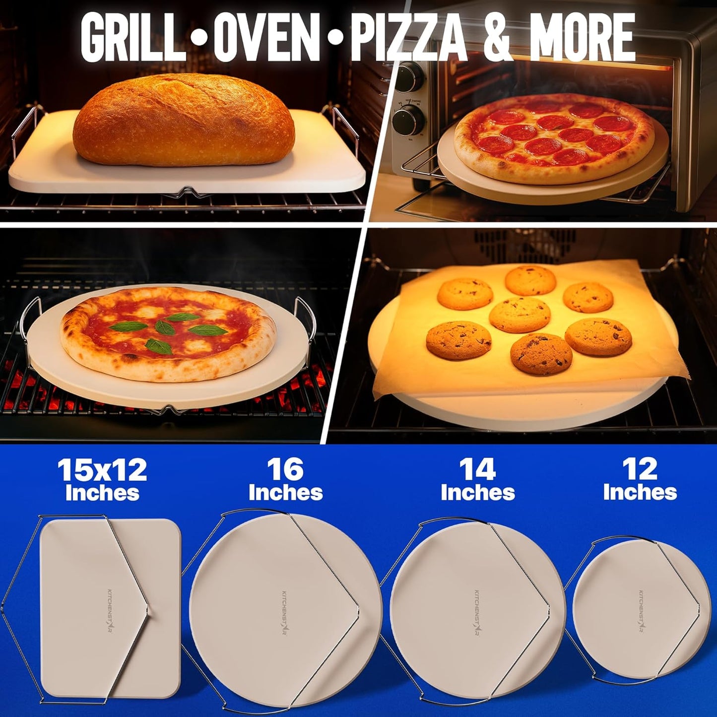 KitchenStar 12-inch Pizza Stone for Oven and BBQ Grill with Handles, Round, 5/8" Thick - Natural Cordierite, 1800 °F Resistant, Baking Stone Set with Stainless Steel Rack & Plastic Scraper Tool