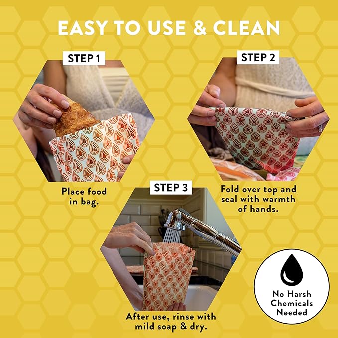 Beeswax Wrap Storage Bag, Reusable Food Storage Bags, Pack of 6, Plastic Free Biodegradable Food Wrap Alternative, Family Pack, 3 Small + 2 Medium + 1 Large, (Orange)