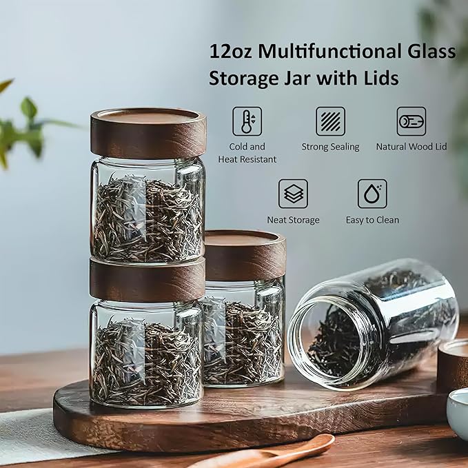 26 oz/850 ml Clear Glass Storage Canister with Airtight Wooden Lid, 4 Pack Small Overnight Oats Containers, Cute Decorative Salad Jar for Snacks Yogurt Spice Sugar Cereal Fruit Coffee Tea