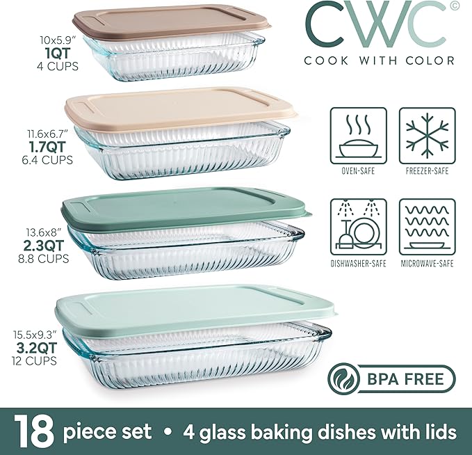 COOK WITH COLOR 8 PC. Glass Baking Dish Set with Lids - Deep Casserole Dish, Glass Food Container, Oven, Freezer and Microwave Safe, Clear Container, Fluted Mint