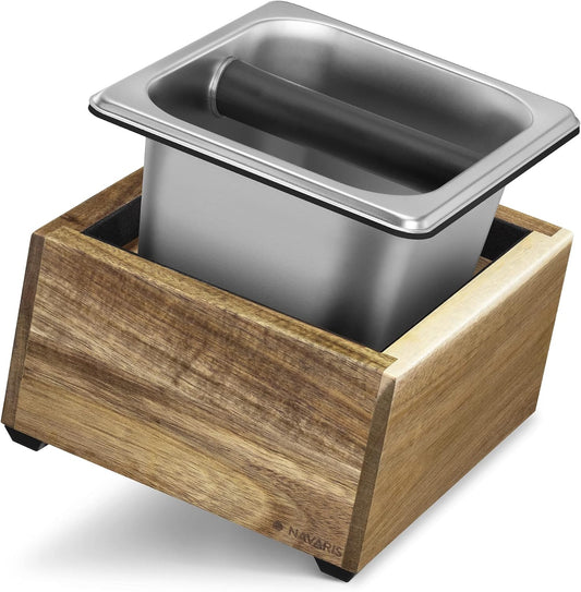 Navaris Coffee Knock Box - Stainless Steel and Wood Bin for Espresso Machine Coffee Grounds - With Silicone Bar for Knocking Portafilter Filter Grinds