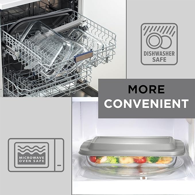 COOK WITH COLOR 8-Piece Deep Glass Baking Dish Set with Plastic Lids – Casserole and Food Storage Containers for Lasagna, Leftovers – Freezer-to-Oven, Microwave & Dishwasher Safe, Grey