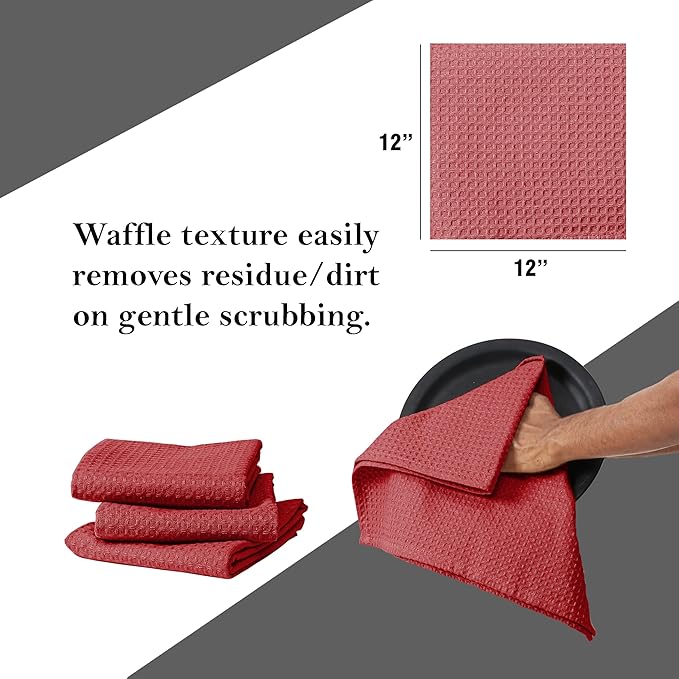 Red Waffle Dishcloths, 12x12 Inch, Absorbent, Soft, 100% Cotton, Quick Drying and Reusable, Machine Washable, Perfect for Kitchen Cleaning, Multipurpose Towel for Everyday Use, 12 Pack