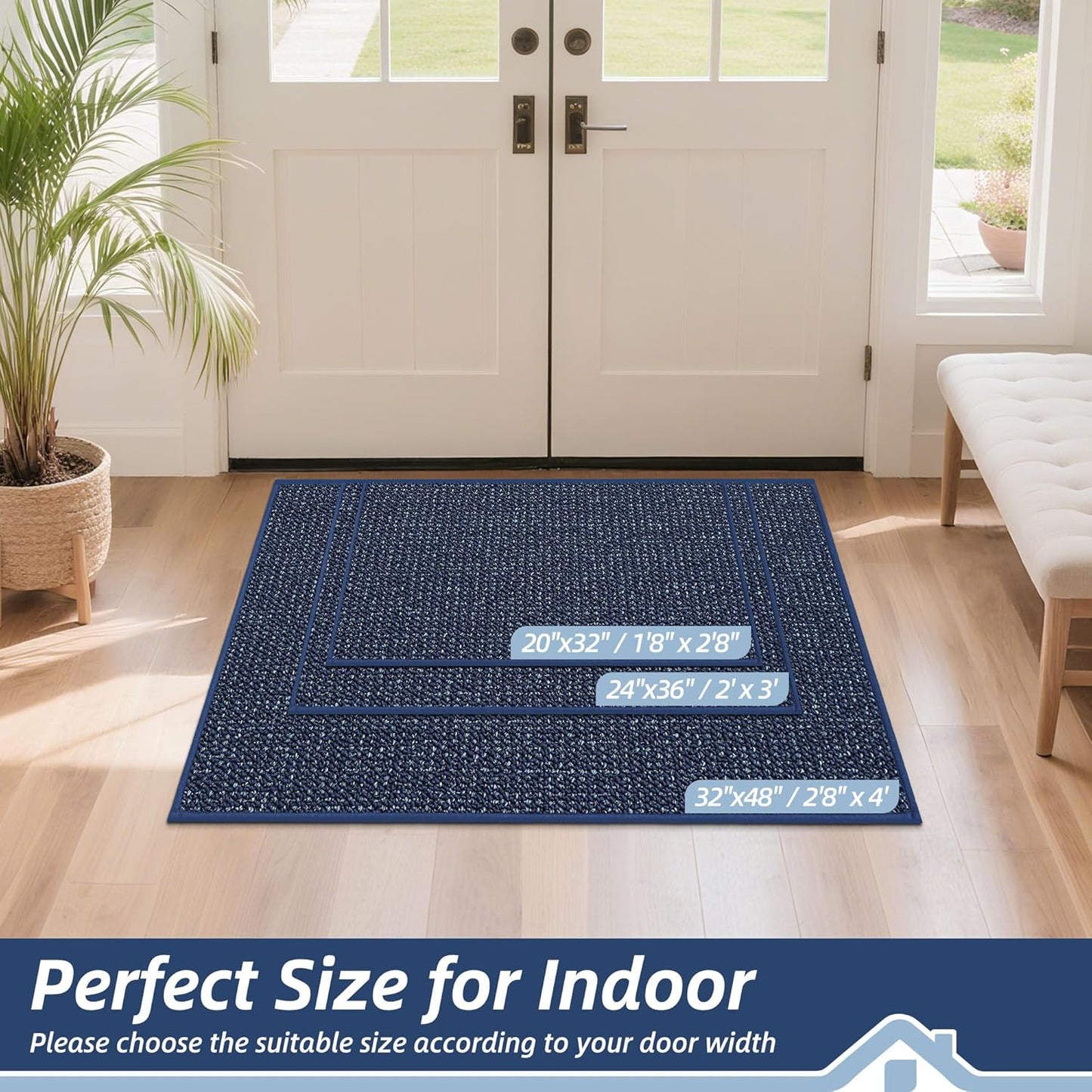 BEQHAUSE Dirt Trapper Door Mat 32" x 48", Non-Slip Washable Doormats Entrance Mat, Dirt Resistant and Absorbent Welcome Mat, Low Profile Floor Mats for Front Back Door and Entryway, Blue