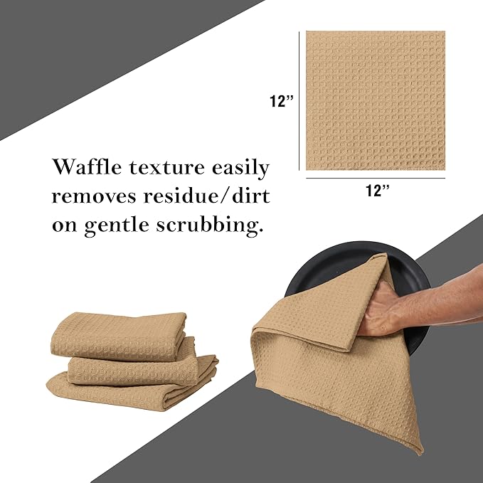 Beige Waffle Dishcloths, 12x12 Inch, Soft, Durable, 100% Cotton, Quick Drying, Reusable, Absorbent, Machine Washable, Multipurpose Towels, Everyday Use, Set of 12