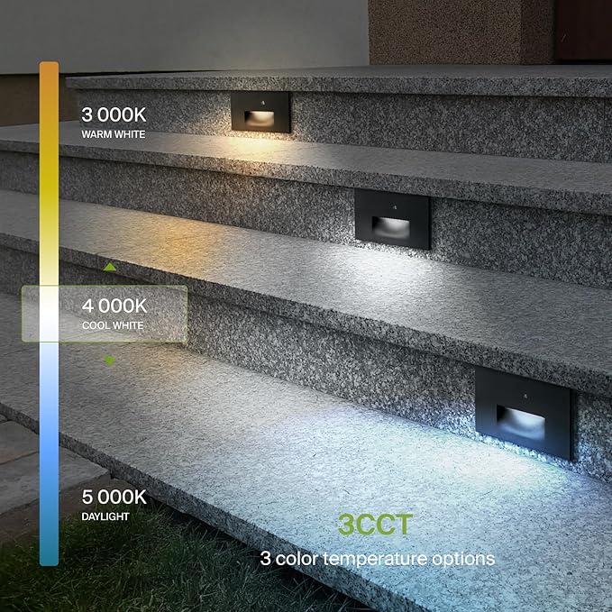 ASD LED Recessed Step Light Fixture, Dusk to Dawn Outdoor Stair Tread Lighting | 3CCT, Photocell, Waterproof, ETL Listed | 3W 120LM 3000K-5000K 120V | Staircase Hardwired Illumination | White, 4 Pack