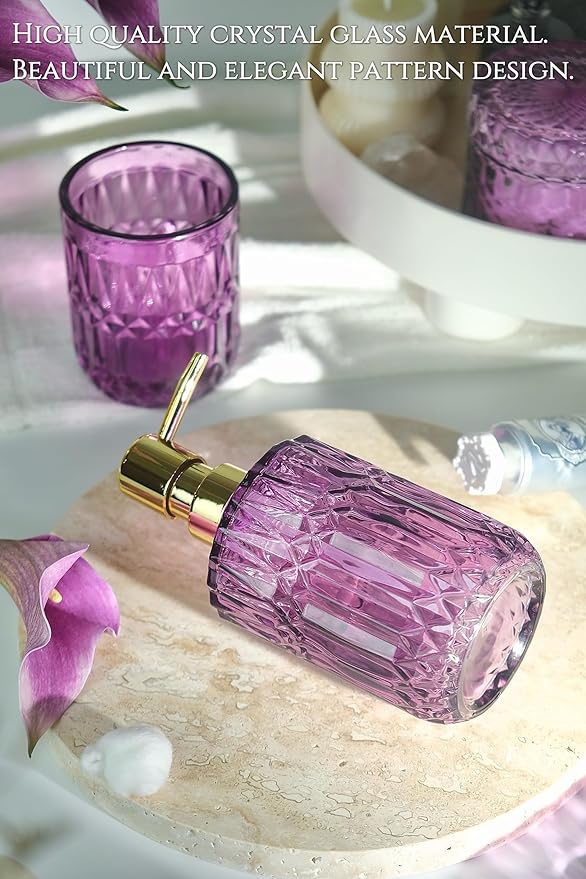Purple Bathroom Accessories Set, 5Pcs Clear Glass Bathroom Accessories, Crystal Lotion Soap Dispenser, Toothbrush Holder Set, Soap Dish, Qtip Holder, Tumbler for Modern Bathroom Decor