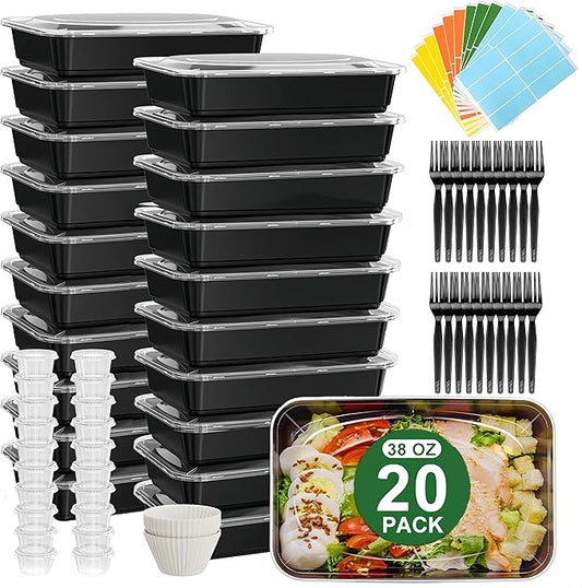 20 Pack (122 Pcs) 38 OZ Disposable Meal Prep Containers Plastic Food Container with Lids for Snack BPA Free, Microwave and Freezer Safe, To Go & Take Out Food Containers with Lids for Microwave Dishes