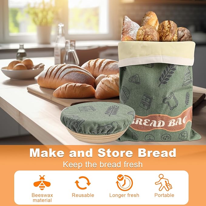 Beeswax Bread Bags with 10'' Reusable Bowl Covers for Homemade Bread, Extra Large Reusable Beeswax Bags Set for Storage Sourdough,Large Capacity Breads Storage Bag to Keep Fresh (Green, 1 Pack)