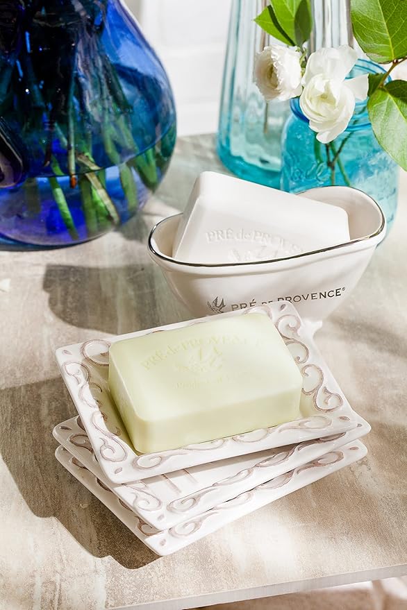 Pre de Provence Soap Dish Large Capacity for Kitchen or Bathroom, 5.75x2.6x3.5, Le Bain, White Ceramic