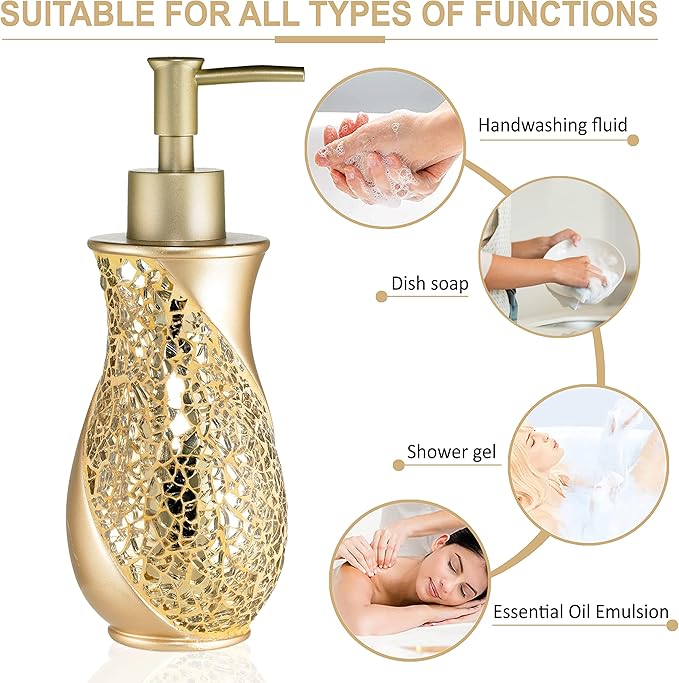 Zahari Home 4pc Sinatra Stylish Bathroom Accessories Set Champagne Gold Soap Dispenser Pump, Tumbler, Tooth Brush Holder and Soap Dish Modern Decor Bling Mosaic Glass Gold Bathroom Accessories