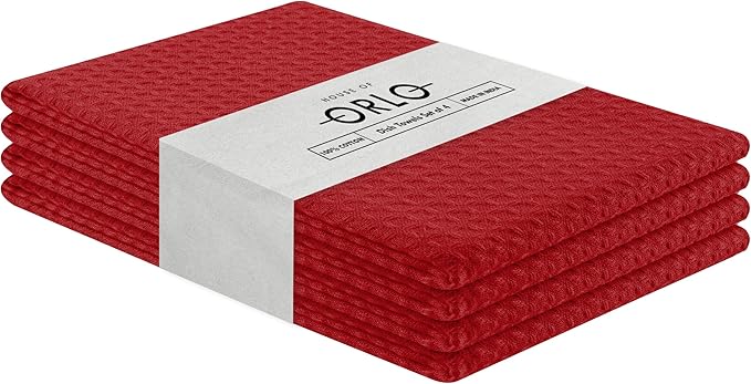 Red Waffle Kitchen Towels, 16x26 Inch, Absorbent, Soft, 100% Cotton, Quick Drying, Reusable, Machine Washable, Perfect for Kitchen Cleaning, Multipurpose Towel for Everyday Use, 4 Pack
