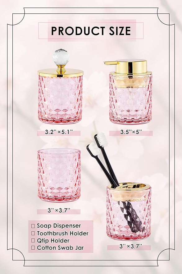 Pink Bathroom Accessories, 4Pcs Pink Bathroom Accessory Set Complete, Toothbrush Holder Set, Soap Dispenser, Qtip Holder, Tumbler, Perfect for Bathroom Decor and Vanit