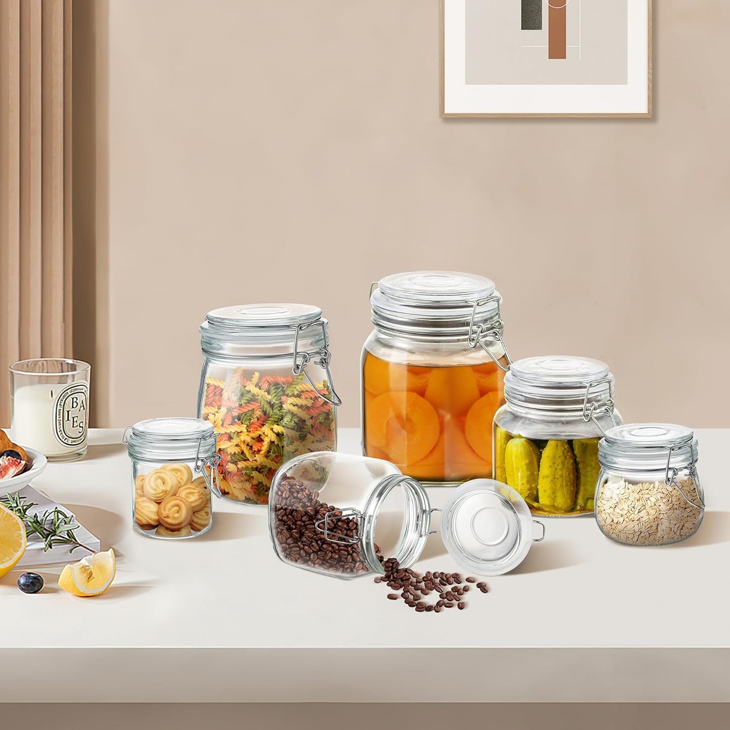 Glass Food Storage Jars with Airtight Lids 17 oz Square 4 Pack Kitchen Storage Containers Cabinet Canisters Sealed Pot Canning for Pasta, Cereal, Coffee, Beans, Spice