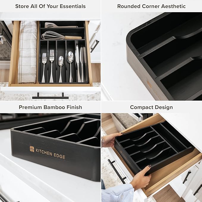 Silverware Organizer - Cutlery, Flatware, and Utensil Holder for Kitchen Drawers, Fixed 10.5” Width, 7 Storage Compartments, Non-Slip Feet, Rounded Corners, 100% Bamboo, Black Finish