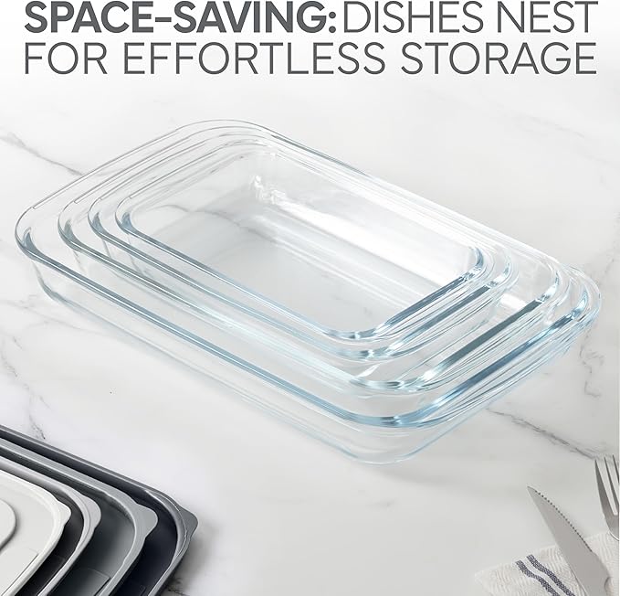 COOK WITH COLOR 8-Piece Deep Glass Baking Dish Set with Plastic Lids – Casserole and Food Storage Containers for Lasagna, Leftovers – Freezer-to-Oven, Microwave & Dishwasher Safe, Grey