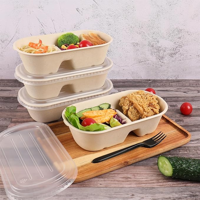 28 oz Disposable bowls with lids, 2 Compartments Sugarcane Fiber Food Container, Food Storage, 50 Pack
