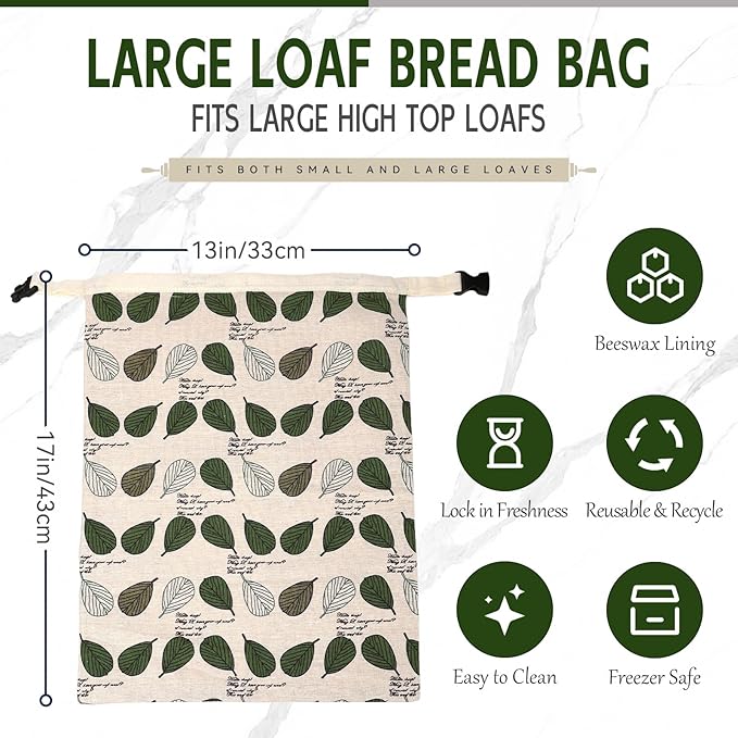 Beeswax Bread Bags for Homemade Sourdough, Sourdough Bread Bag with Zipper, 2 Pack Cotton Large Food Storage Bags to Keep Fresh