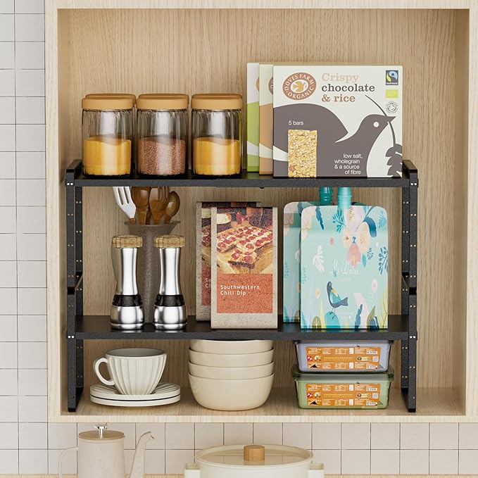 Cabinet Organizer Shelves,Expandable Spice Racks,Stackable Storage Shelves for Kitchen,Pantry,Counter,Bathroom,Home,Office,3 Packs,8.07" D,Black