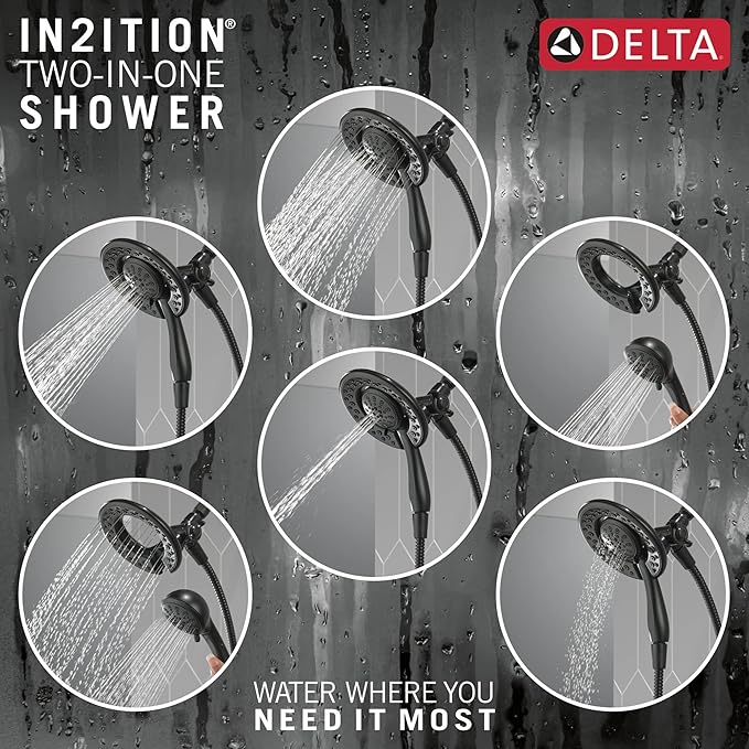 Delta Faucet 4-Spray In2ition 2-in-1 Black Shower Head with Handheld, Touch-Clean Matte Black Shower Head with Hose, Detachable Shower Head, Hand Held Shower Head, Matte Black 75486CBL