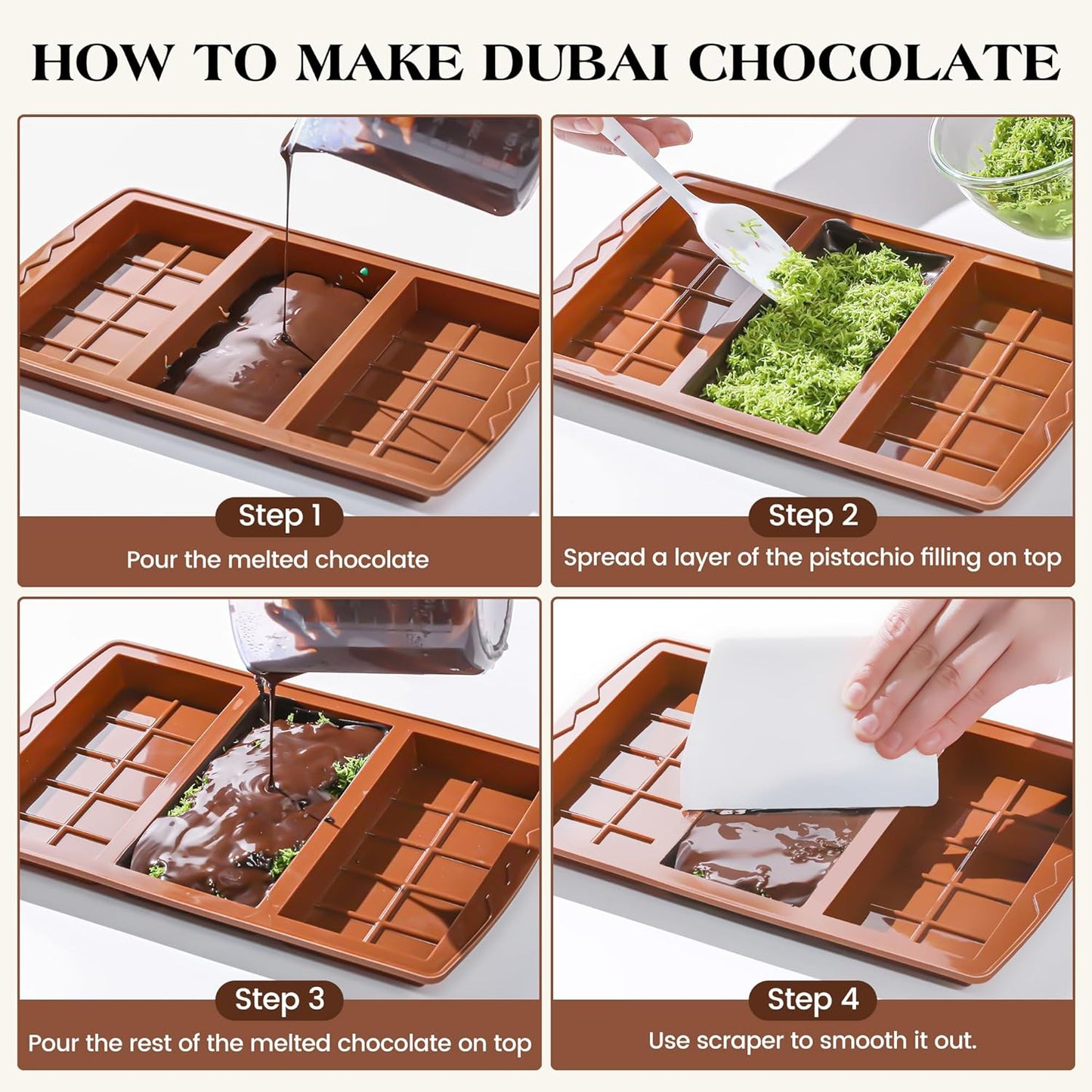 4 Pcs Chocolate Bar Mold Deep Dubai 0.85 Inch Stuffed Chocolate Molds Silicone Large Break Apart Silicone Molds (10 Snap + Pyramid)