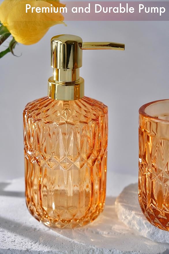 Orange Bathroom Accessories Set, 5Pcs Clear Glass Bathroom Set, Lotion Soap Dispenser, Soap Dish, Tumbler, Toothbrush Holder Set, Qtips Holder for Crystal Vintage Bathroom Countertop