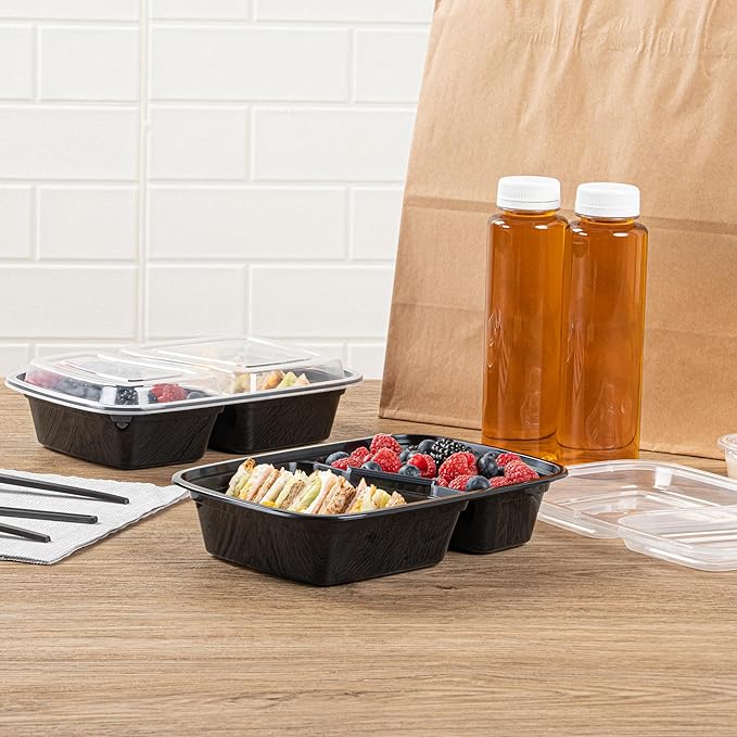 Restaurantware Asporto 32 Ounce Compartment Take Out Boxes, 50 Microwavable Meal Prep Containers - 2 Compartments, With Clear Plastic Lids, Black Plastic Food Containers, Do Not Contain BPA