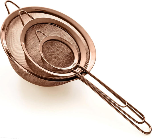 Strainer Set Fine Mesh – Premium 304 Stainless Steel (18/8) – 8″, 5.5″ and 3.3″ Sturdy Kitchen Strainers (Copper)