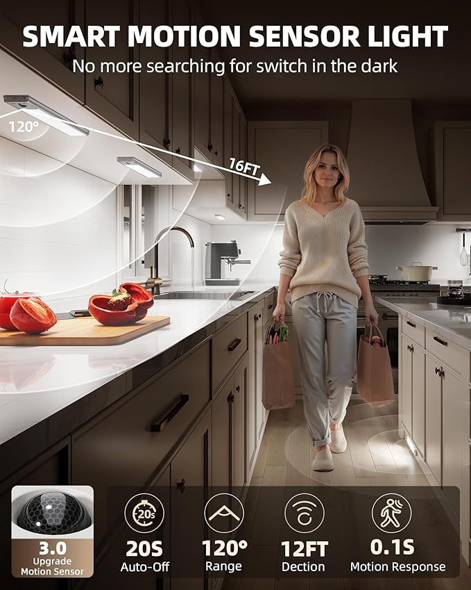 EZVALO 5 Pack Under Cabinet Lighting, 4000mAh Rechargeable Motion Sensor Light, 16.5inch Magnetic Closet Lights with Dimmable & 3 Color Temps, Wireless Motion Activated Lights with Remote for Kitchen