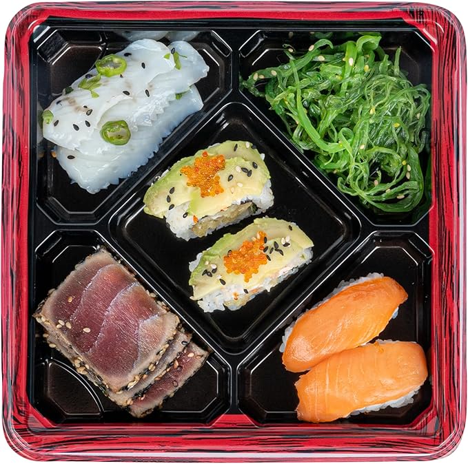 Restaurantware Bento Tek 18.6 Ounce Meal Prep Containers, 100 Disposable To Go Food Boxes - Lids Sold Separately, 5 Compartments, Red And Black Plastic Bento Lunch Boxes, Freezable, For Take Out