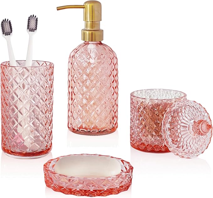 Pink Bathroom Accessories Set, 4Pcs Clear Glass Bathroom Set, Lotion Soap Dispenser, Toothbrush Holder Set, Soap Dish, Qtip Holder for Vintage Crystal Bath Decor, Light Pink